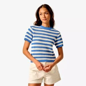 Johnnie-O Aubrey Stripe Knit Women's Short Sleeve Golf Sweater Blue White Medium